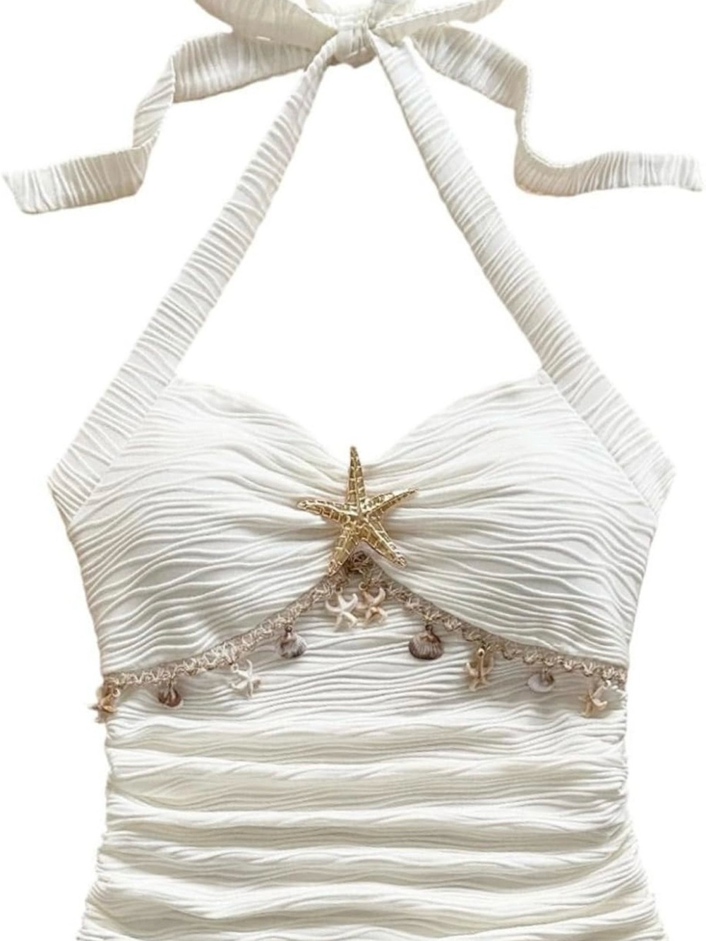 White Ruched HalterTop  with Gold Starfish Accent